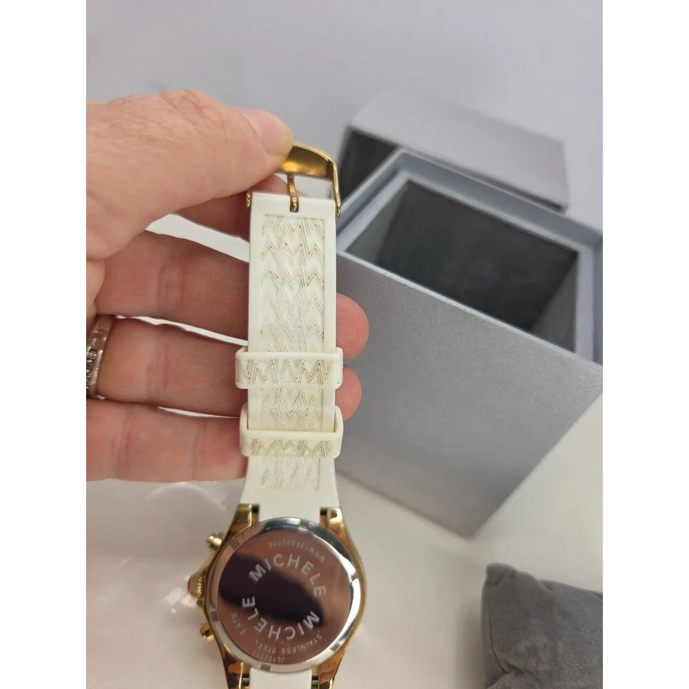 MICHELE JELLY BEAN TAHITIAN CHRONOGRAPH Watch GOLDTONE WHITE SILICONE BAND EUC - Picture 16 of 16